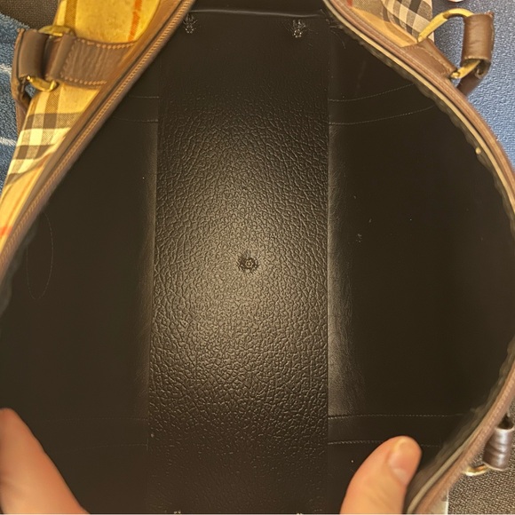 Burberry Haymarket Boston Tan Duffel with Brown Leather Trim 10H x 19W inches - Picture 11 of 15